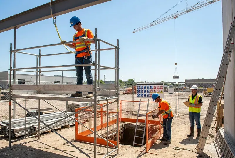 Construction worker on a guardrailed scaffold, harness clipped to an overhead anchor
