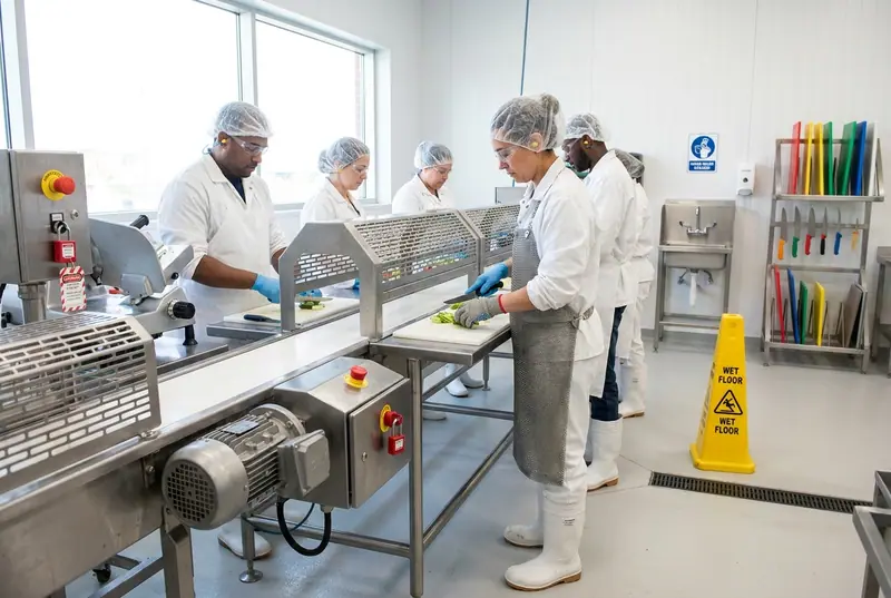 Food processing line with guarded conveyor, emergency stops and workers in hairnets, gloves and glasses