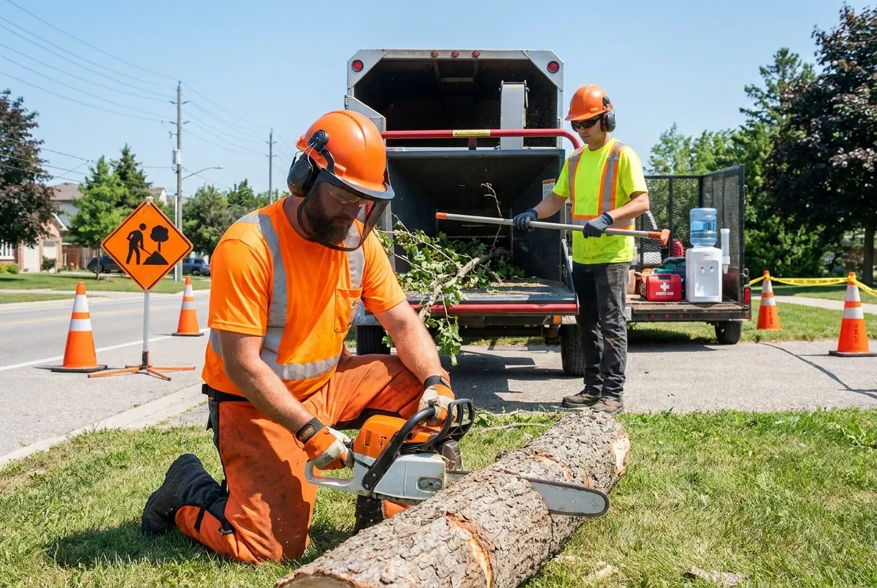 Landscaper cutting a log with a chainsaw in a forestry helmet with the mesh visor down, ear muffs, chaps and gloves, while a crew member in a hard hat and hi-vis feeds a wood chipper from the side, with traffic cones and a work-zone sign on the road