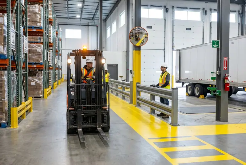 Forklift with seat belt fastened beside a barrier-protected pedestrian walkway